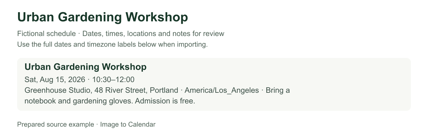 Urban Gardening Workshop: fictional schedule for Urban Gardening Workshop, with full dates, times, timezone labels and event details.