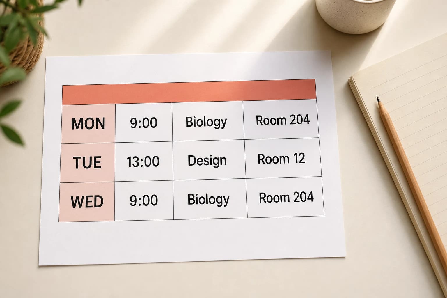 A three-row class timetable with Biology and Design classes and room numbers