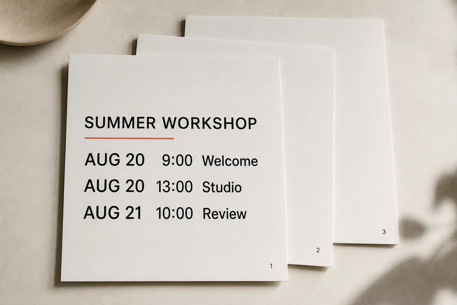 Three numbered agenda pages with workshop events listed on the first page