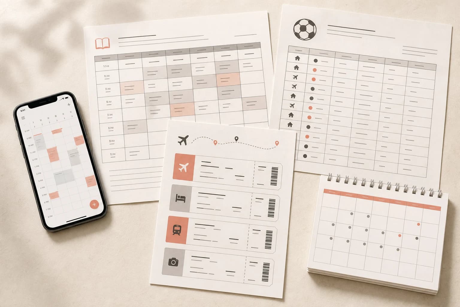 A phone schedule, school timetable, sports roster, travel itinerary, and paper calendar arranged on a desk