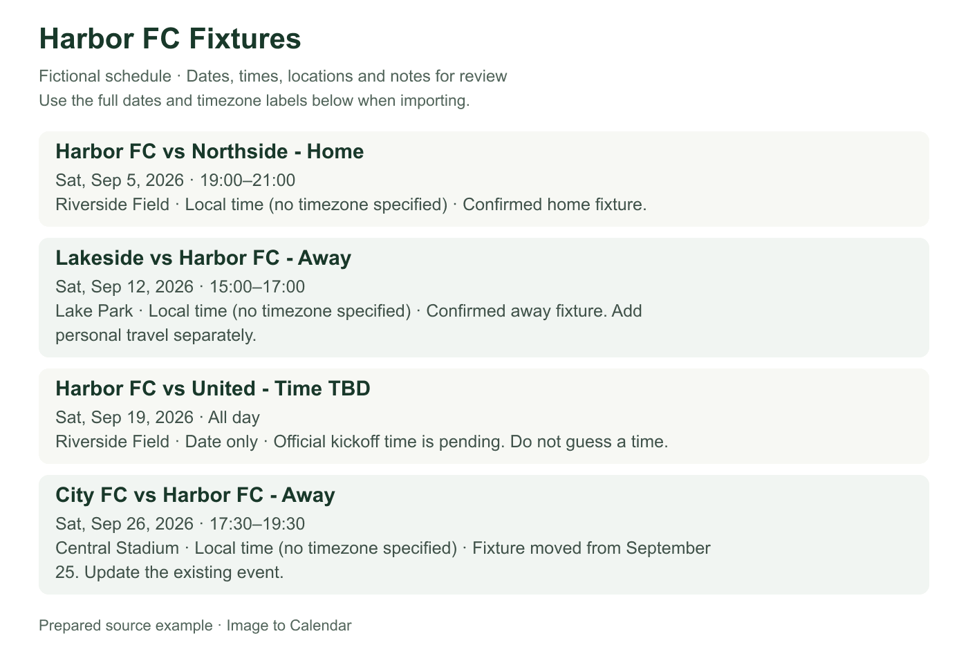 Harbor FC Fixtures: fictional schedule for Harbor FC vs Northside - Home, Lakeside vs Harbor FC - Away, Harbor FC vs United - Time TBD, City FC vs Harbor FC - Away, with full dates, times, timezone labels and event details.