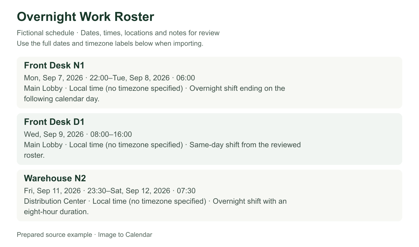 Overnight Work Roster: fictional schedule for Front Desk N1, Front Desk D1, Warehouse N2, with full dates, times, timezone labels and event details.