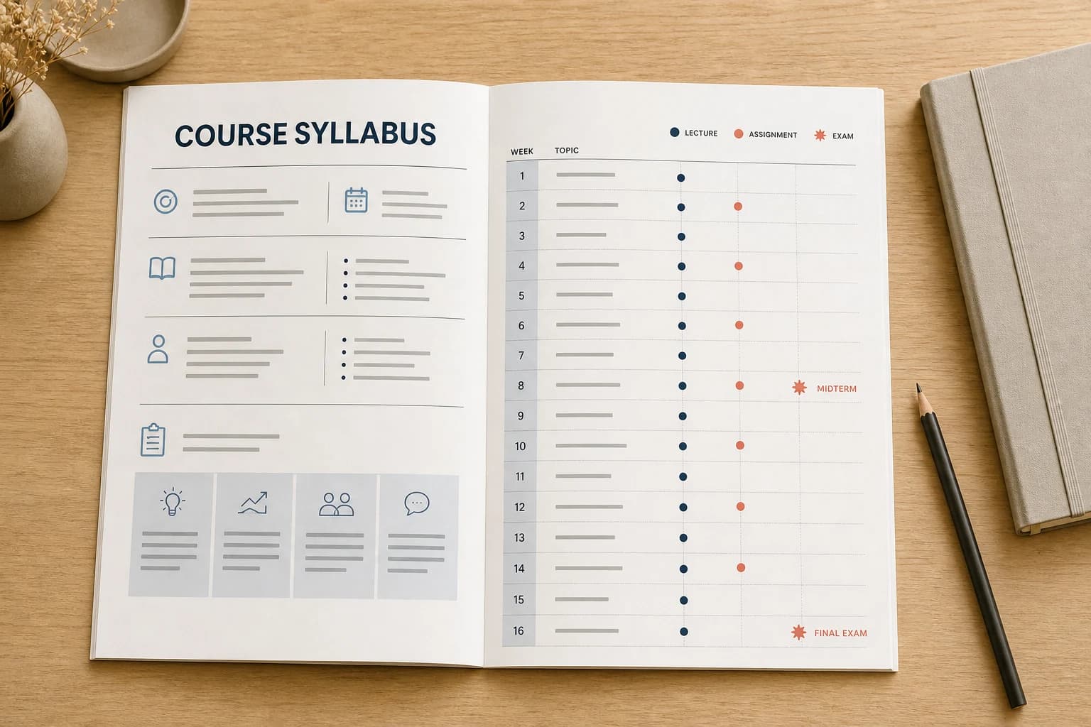 An unbranded course syllabus with a semester timeline for lectures, assignments, a midterm, and a final