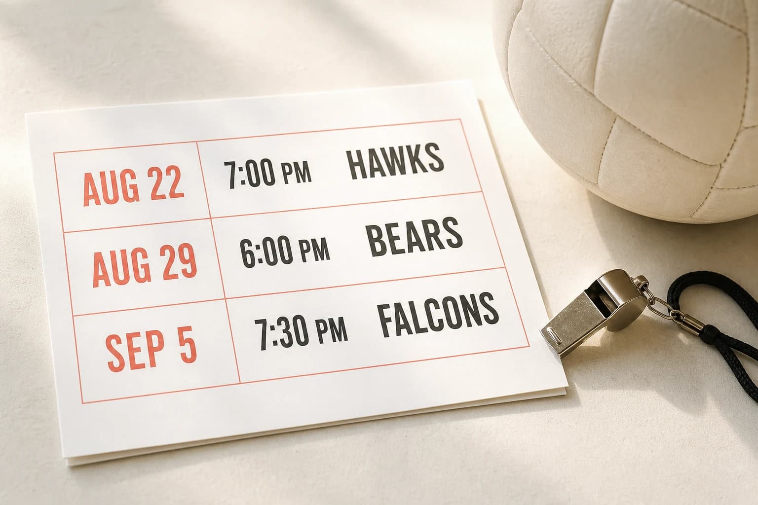 A three-game amateur sports season schedule with dates, times, and opponents