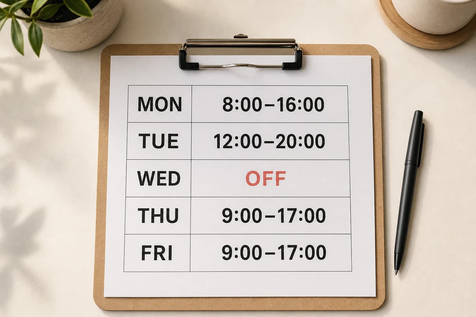 A five-day work shift roster with start and end times and one day off